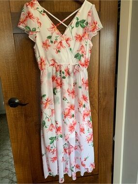 Floral Pink & Green Wrap Midi Dress